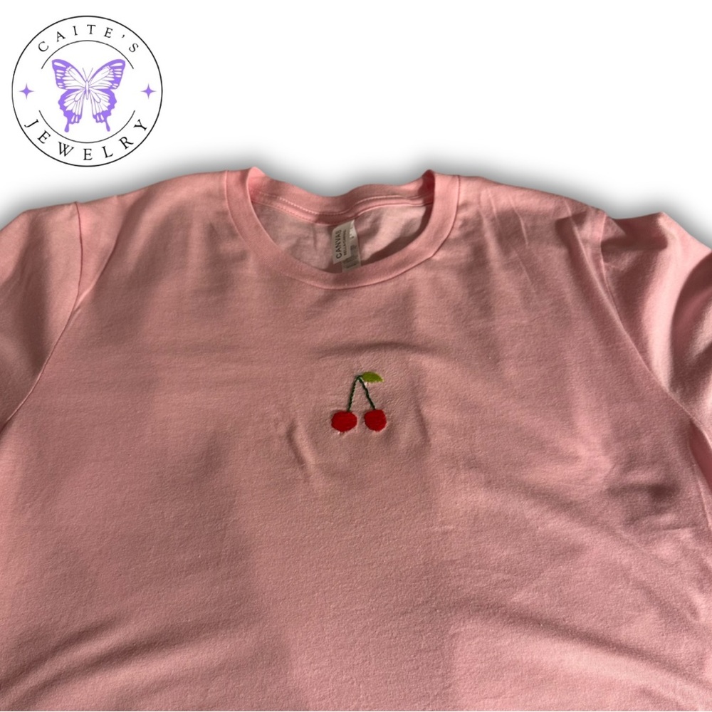 Handmade Cherry Embroidered Bella and Canvas T Shirt